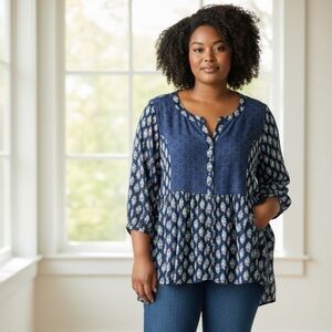 CHELSEA STUDIO | Blue Mixed Media Patterned Tunic | Plus Size 1X 22/24 (2X 3X)